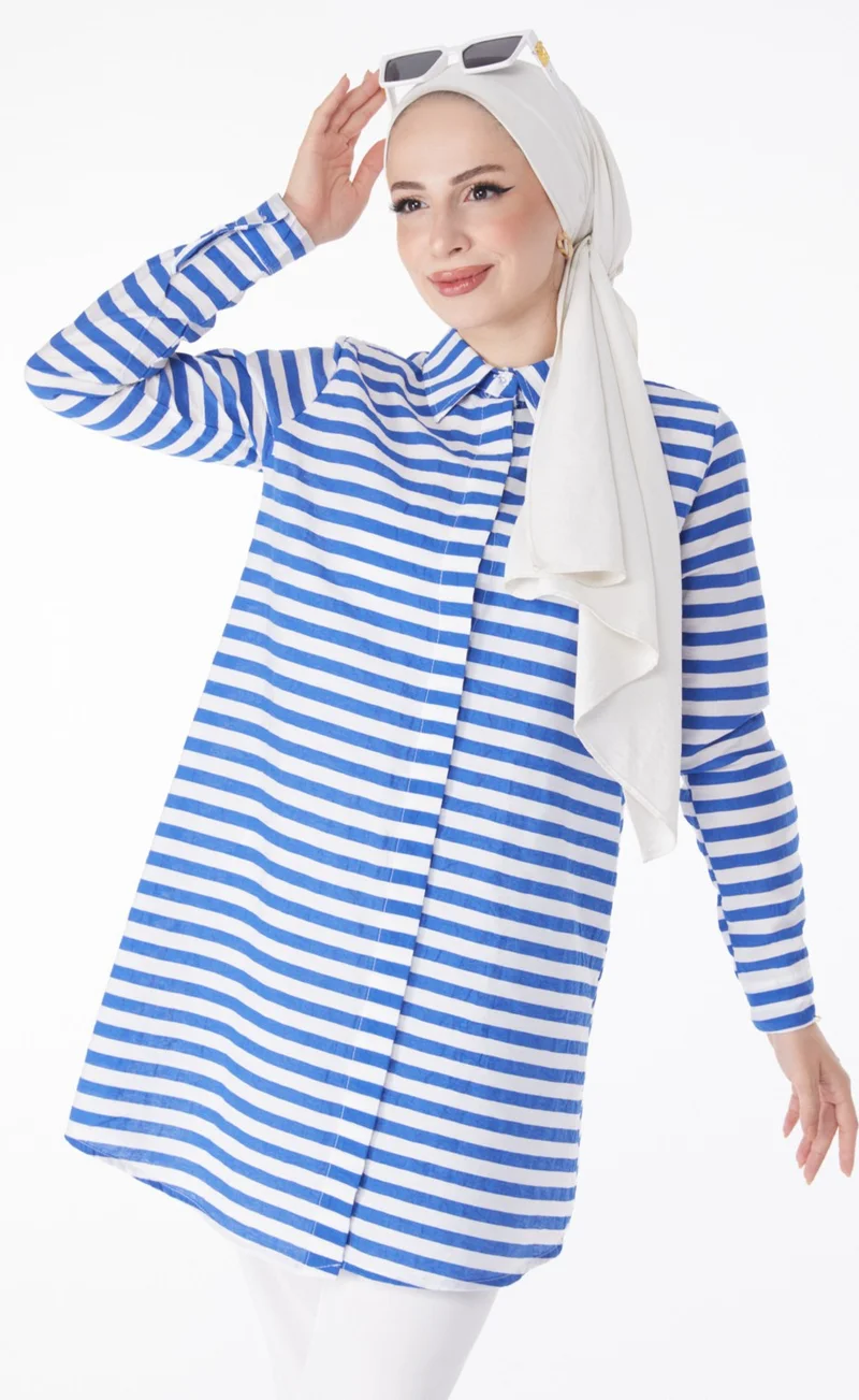 Tofisa Plain Shirt Collar Women's Blue Striped Tunic - 13178