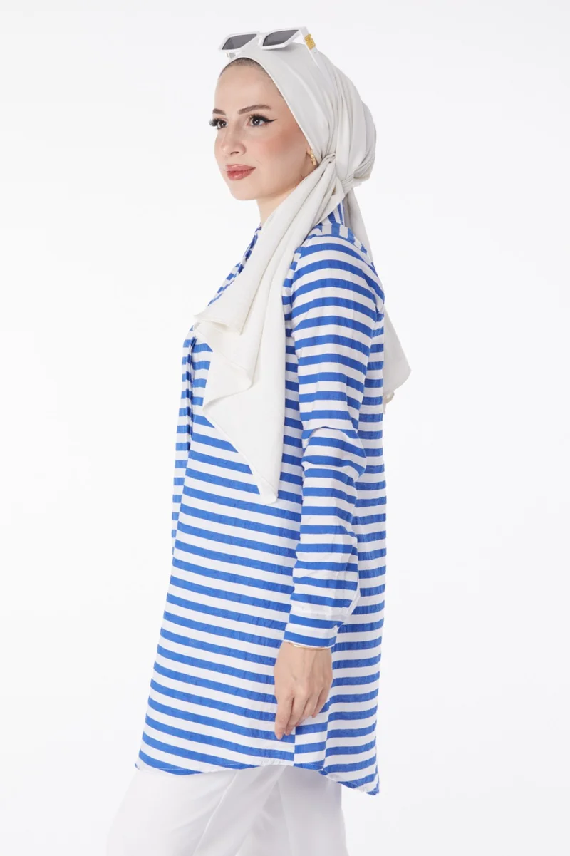 Tofisa Plain Shirt Collar Women's Blue Striped Tunic - 13178