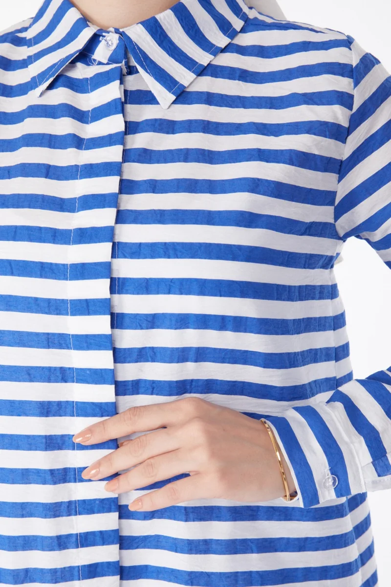 Tofisa Plain Shirt Collar Women's Blue Striped Tunic - 13178