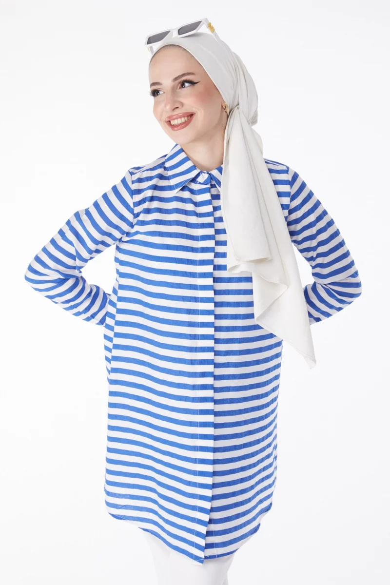 Tofisa Plain Shirt Collar Women's Blue Striped Tunic - 13178