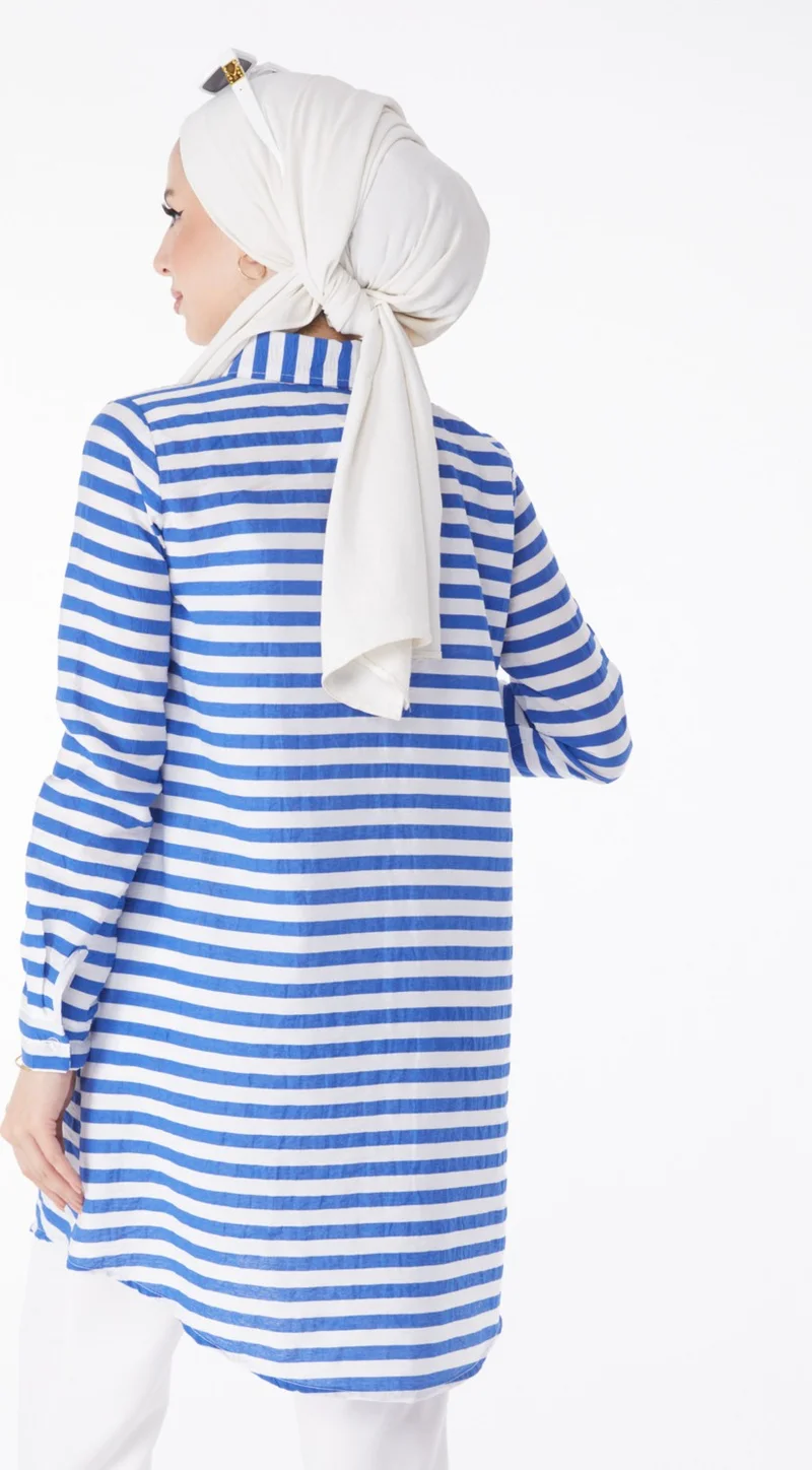 Tofisa Plain Shirt Collar Women's Blue Striped Tunic - 13178