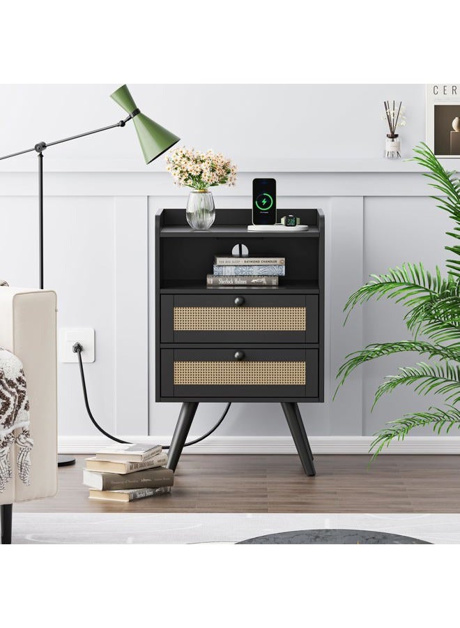 SUPERJARE 2 Drawer Night Stand with Charger Station, Boho Rattan Nightstand Set of 2, 25.2 Inch Tall Bed Side Table with Solid Wood Feet, End Table, Open Storage, Synthetic Rattan, for Bedroom, Black - Image 4