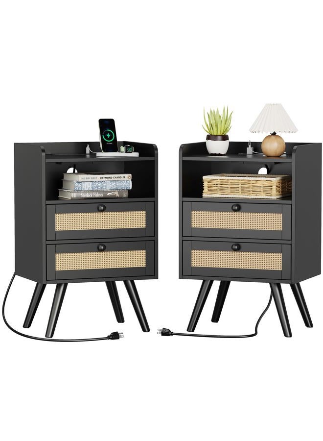 SUPERJARE 2 Drawer Night Stand with Charger Station, Boho Rattan Nightstand Set of 2, 25.2 Inch Tall Bed Side Table with Solid Wood Feet, End Table, Open Storage, Synthetic Rattan, for Bedroom, Black - Image 1