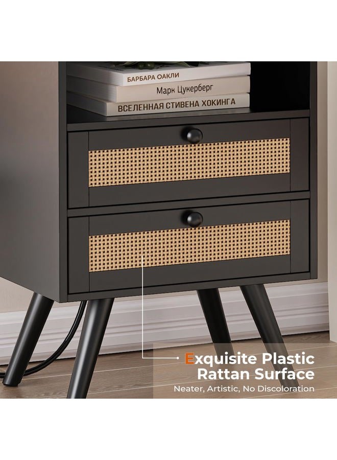 SUPERJARE 2 Drawer Night Stand with Charger Station, Boho Rattan Nightstand Set of 2, 25.2 Inch Tall Bed Side Table with Solid Wood Feet, End Table, Open Storage, Synthetic Rattan, for Bedroom, Black - Image 5