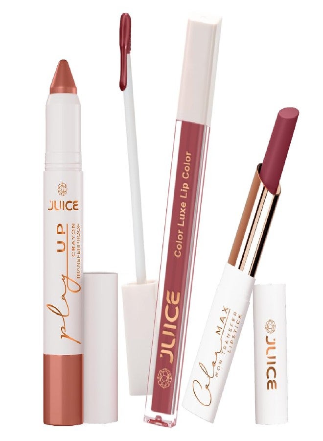 Juice Long Lasting, 3pc Lipstick Combo Set For Women(Barely There-MCR01 Lip Crayon, Pink Desire-M01 Liquid Lipstick, Pink Crush-M01 Slim Stick) - Image 1