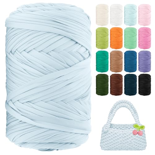 BHUCUTU T Shirt Yarn 130 Yards Beginner Crochet Tshirt Yarn 400g Elastic Fabric Thick T-Shirt Yarns for Crocheting, Knitting Bags, Baskets, Rugs, Coasters, DIY Crafts, Home Decor (Water Blue) - Image 1