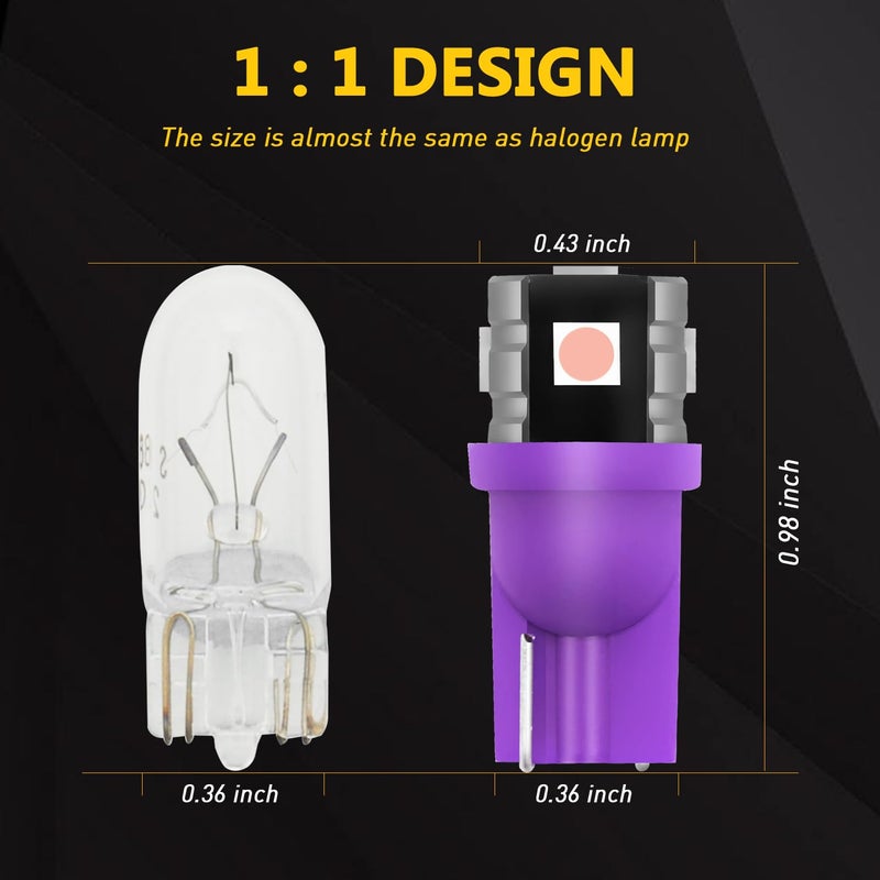 PHINLION 194 LED Light Bulb Purple 168 2825 W5W T10 Wedge 5-SMD 3030 Chipsets LED Replacement Bulbs for Car Interior Dome Map Door Courtesy Parking License Plate Lights, Pack of 10 - Image 4