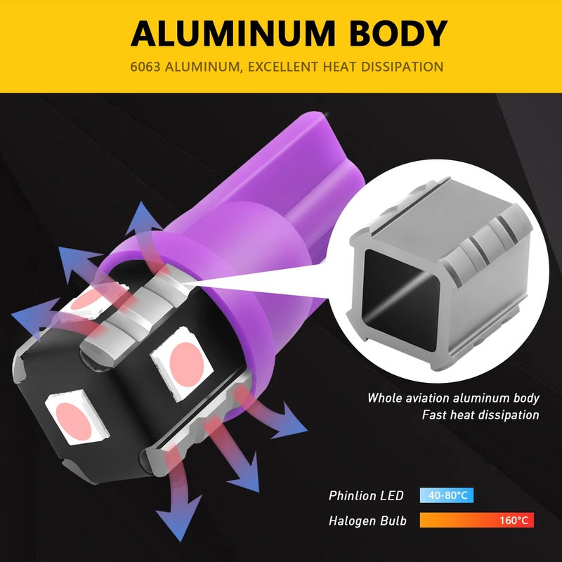 PHINLION 194 LED Light Bulb Purple 168 2825 W5W T10 Wedge 5-SMD 3030 Chipsets LED Replacement Bulbs for Car Interior Dome Map Door Courtesy Parking License Plate Lights, Pack of 10 - Image 3