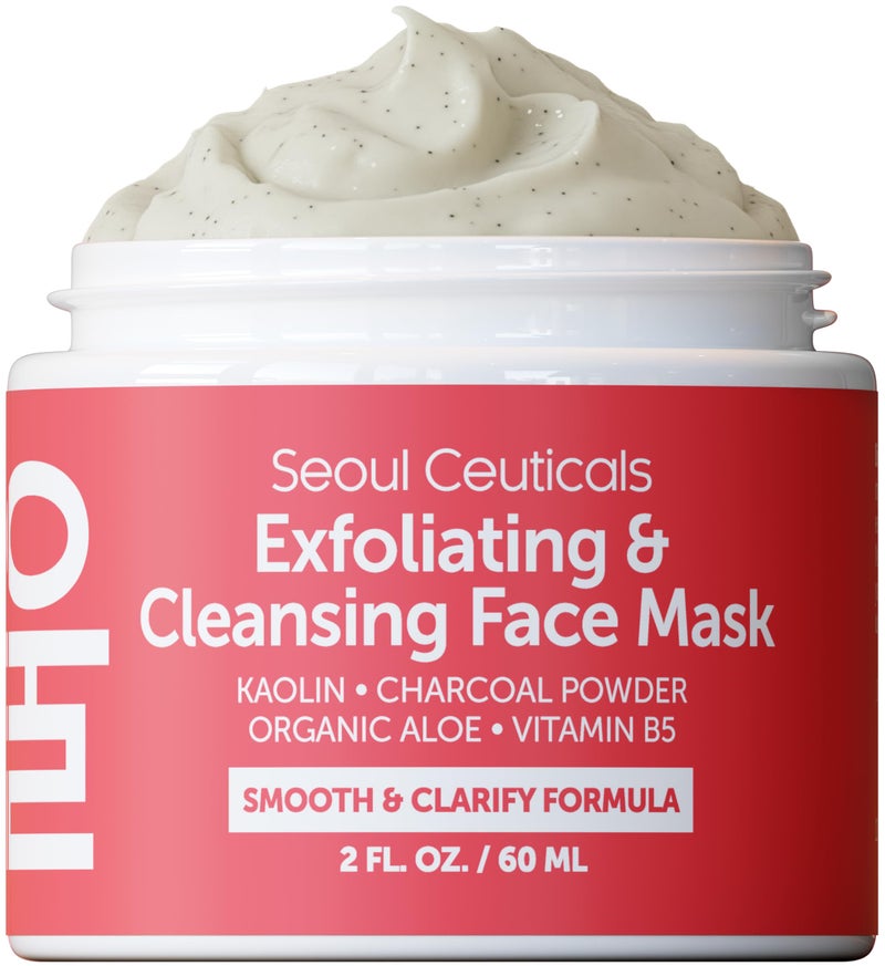 SeoulCeuticals Korean Face Scrub - Exfoliating Face Mask Skincare K Beauty Mask for Glass Skin - Kaolin Clay + Charcoal Cream Exfoliant Mask 2oz - Image 1