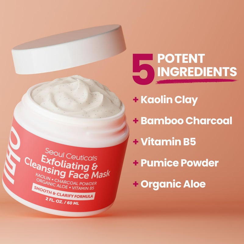 SeoulCeuticals Korean Face Scrub - Exfoliating Face Mask Skincare K Beauty Mask for Glass Skin - Kaolin Clay + Charcoal Cream Exfoliant Mask 2oz - Image 3