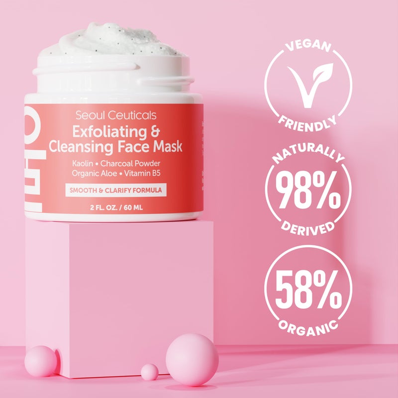 SeoulCeuticals Korean Face Scrub - Exfoliating Face Mask Skincare K Beauty Mask for Glass Skin - Kaolin Clay + Charcoal Cream Exfoliant Mask 2oz - Image 4