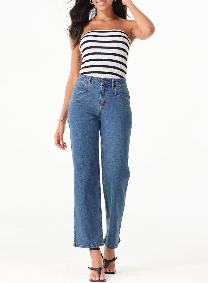 Sidefeel Jeans for Women High Waisted Stretchy Wide Leg Jeans Straight Leg Zimbaplatinum Ankle Denim Pants with Slant Pockets Mist Blue Size 14 - Image 3