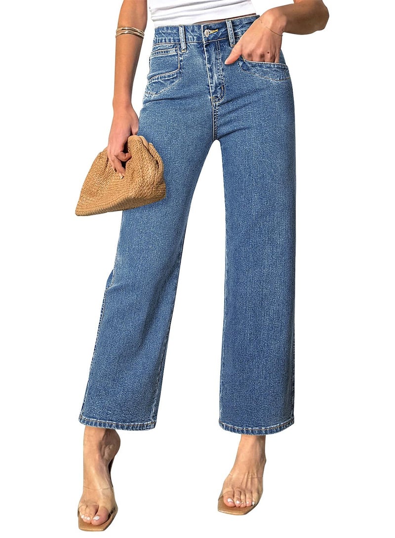 Sidefeel Jeans for Women High Waisted Stretchy Wide Leg Jeans Straight Leg Zimbaplatinum Ankle Denim Pants with Slant Pockets Mist Blue Size 14 - Image 1