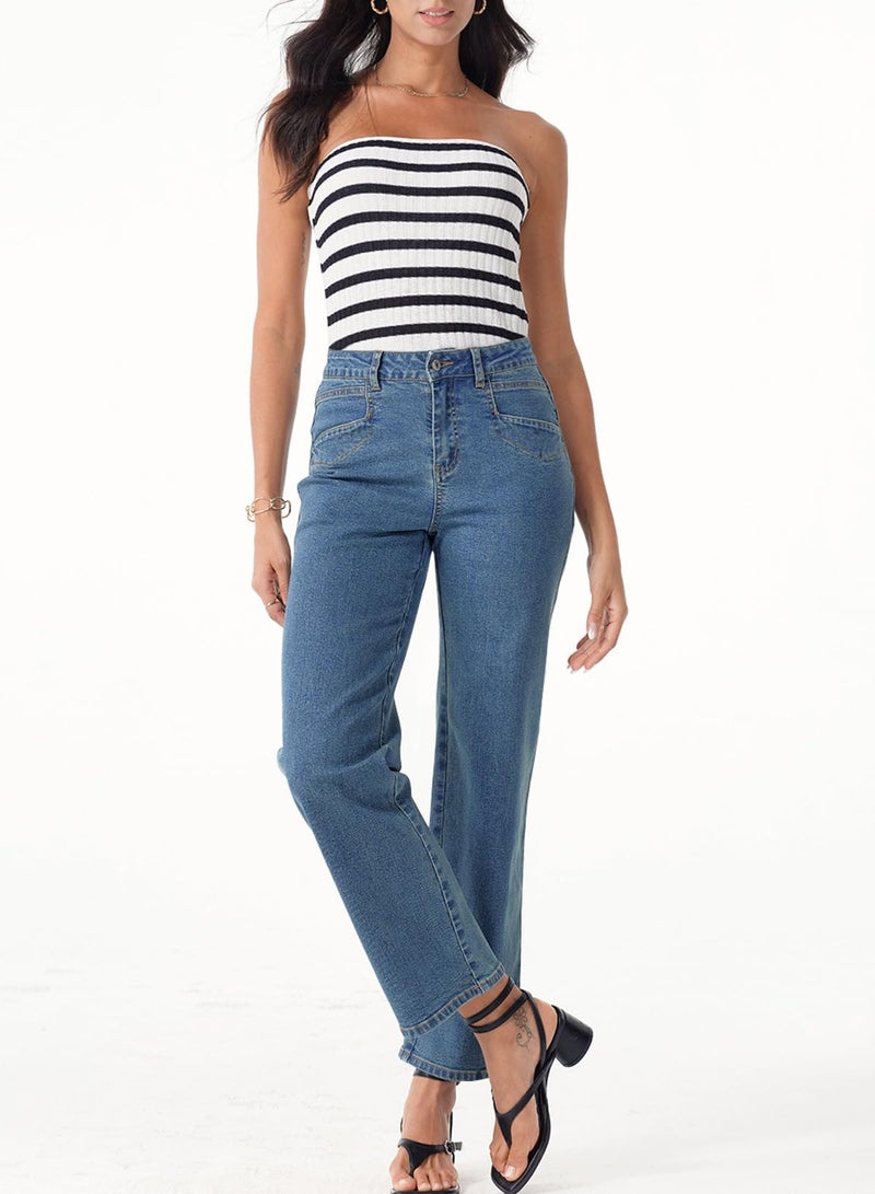 Sidefeel Jeans for Women High Waisted Stretchy Wide Leg Jeans Straight Leg Zimbaplatinum Ankle Denim Pants with Slant Pockets Mist Blue Size 14 - Image 4