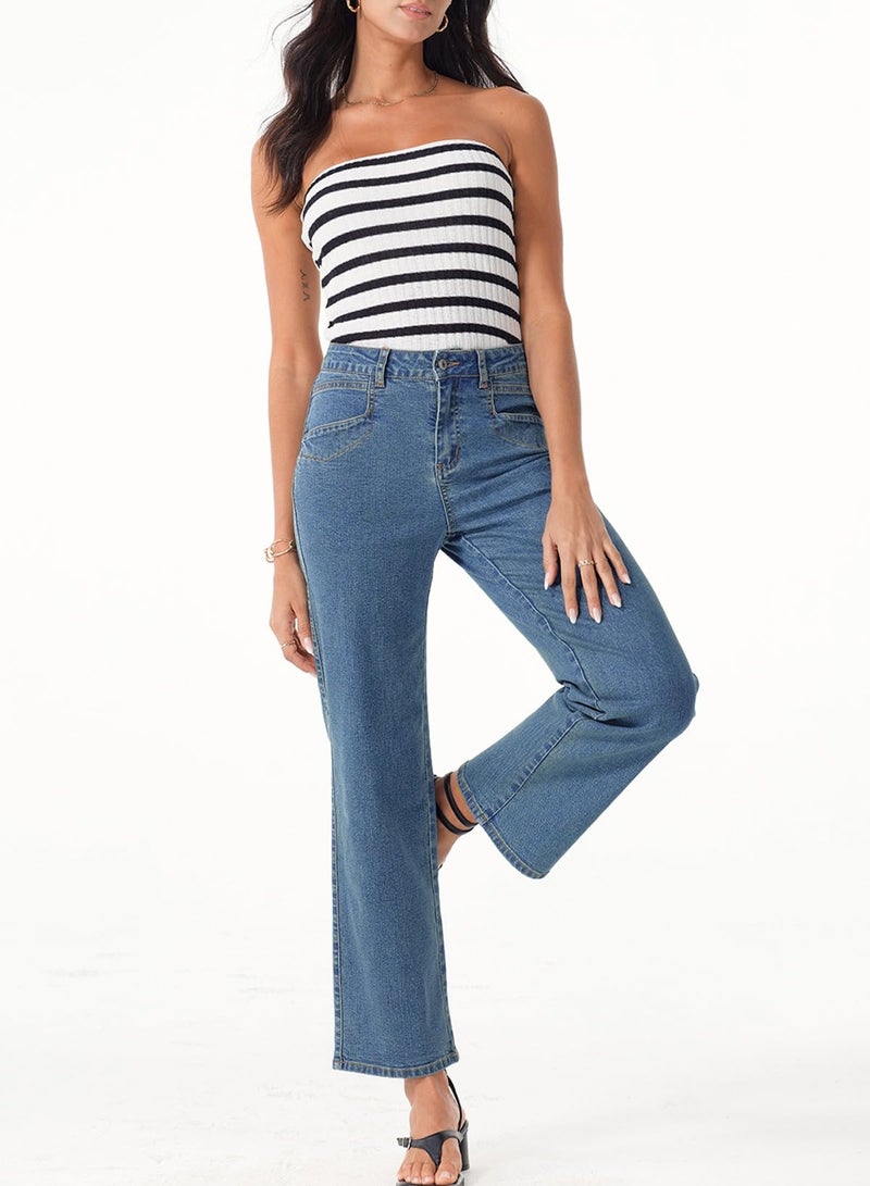 Sidefeel Jeans for Women High Waisted Stretchy Wide Leg Jeans Straight Leg Zimbaplatinum Ankle Denim Pants with Slant Pockets Mist Blue Size 14 - Image 5