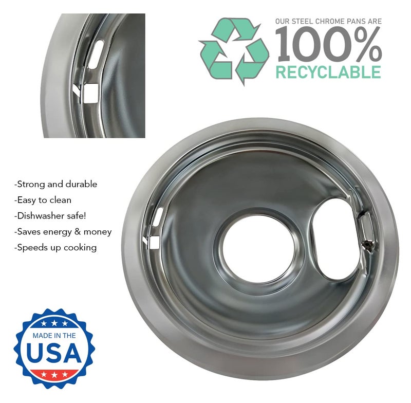 Kitchen Basics 101 Made In The Usa 4 Pack (2) 6"" & (2) 8"" Replacement Chrome Drip Pans For Whirlpool W10278125 W10196405 W10196406 - Image 2