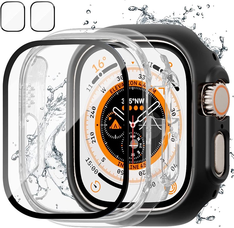 AWH Apple Watch Ultra 49mm 2+2 Pack Case & Screen Protector, Hard PC Bumper + HD Tempered Glass All-Around Film Cover, Black + Clear - Image 2