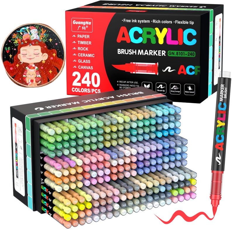 Amamao 240 Colors Acrylic Paint Markers, Soft Brush Tip Pens and Markers, Acrylic Paint Pens for Wood, Stone, Canvas, Glass, Fabric, Egg, Rock Painting and DIY Crafts Art Supplies - Image 1