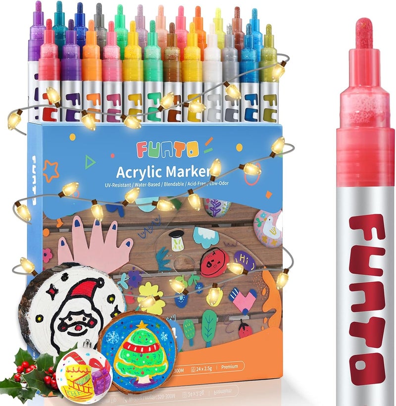 Funto Acrylic Paint Pens for Rock Painting, Fabric, Wood, Canvas, Metal, Ceramic, Glass, 24 Colors Paint Marker Set, Non-Toxic, Quick Drying - Image 1