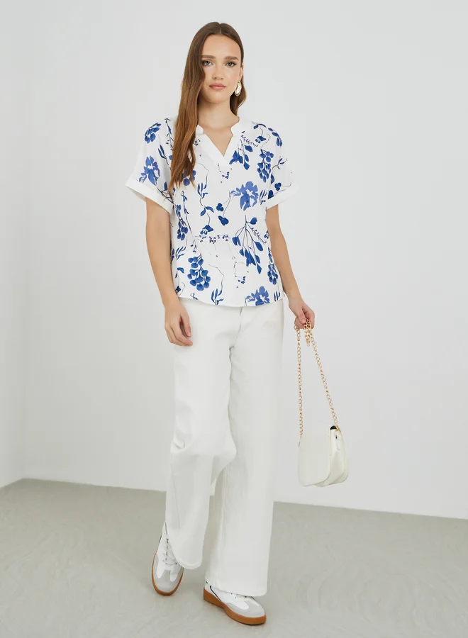 Take Two Take Two Floral Print V-Neck Short Sleeve Blouse