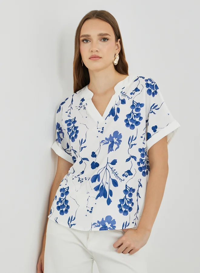 Take Two Take Two Floral Print V-Neck Short Sleeve Blouse