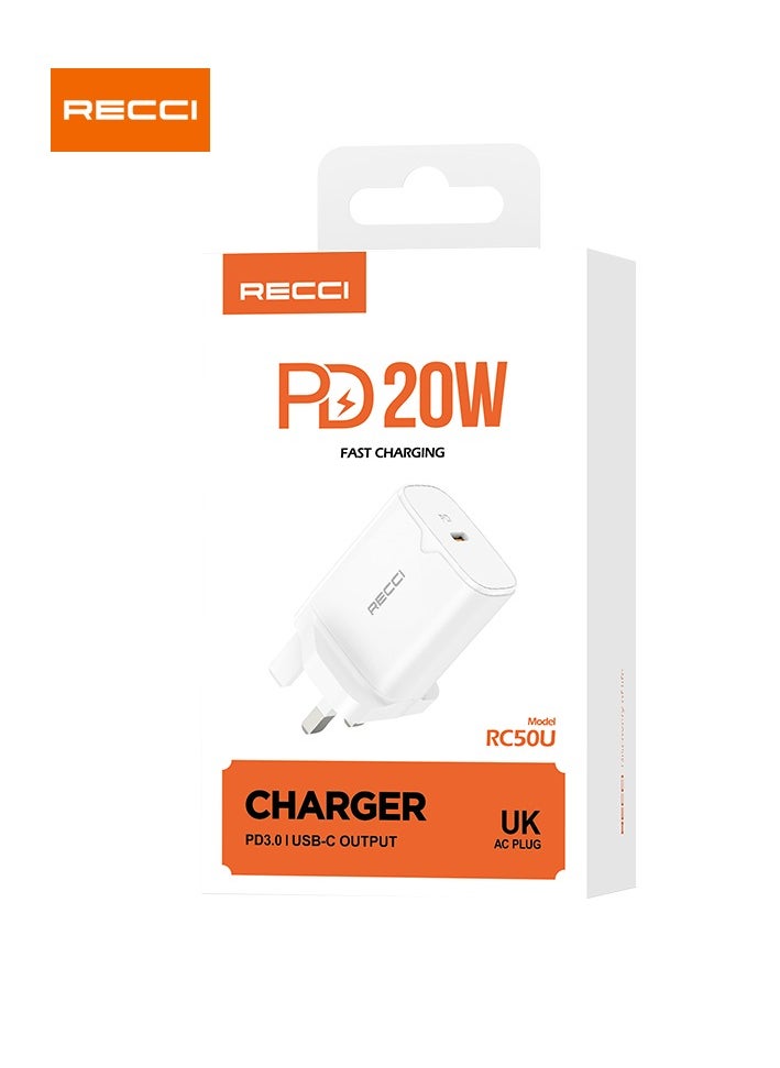 Recci - 20W USB C Fast Charger UK Plug Single-Port PD3.0 Adapter, Type C Travel Adapter with Fireproof ABS & Smart Protections, Ultra Portable for iPhone 15/15 Pro Max/15 Pro/15 Plus/14/13/12, Samsung, iPad, White - Image 1