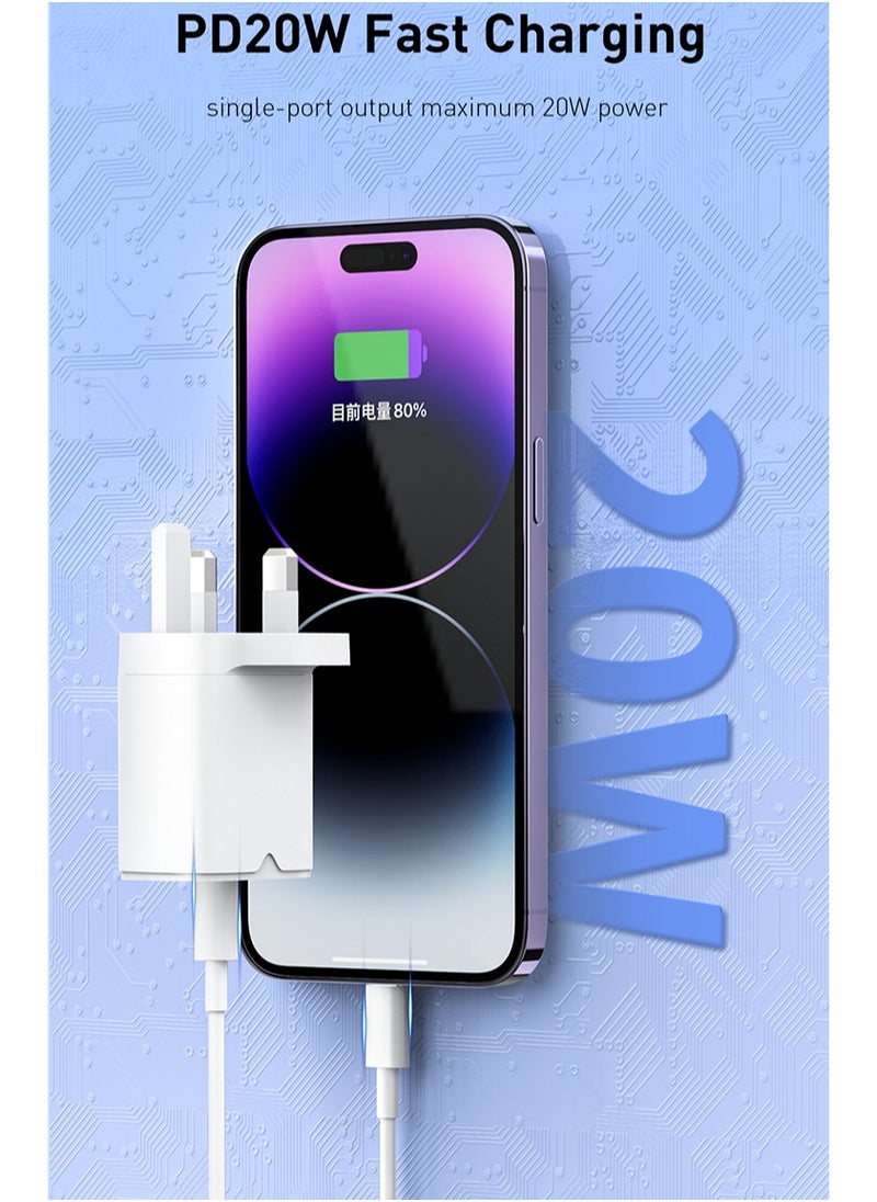 Recci - 20W USB C Fast Charger UK Plug Single-Port PD3.0 Adapter, Type C Travel Adapter with Fireproof ABS & Smart Protections, Ultra Portable for iPhone 15/15 Pro Max/15 Pro/15 Plus/14/13/12, Samsung, iPad, White - Image 1