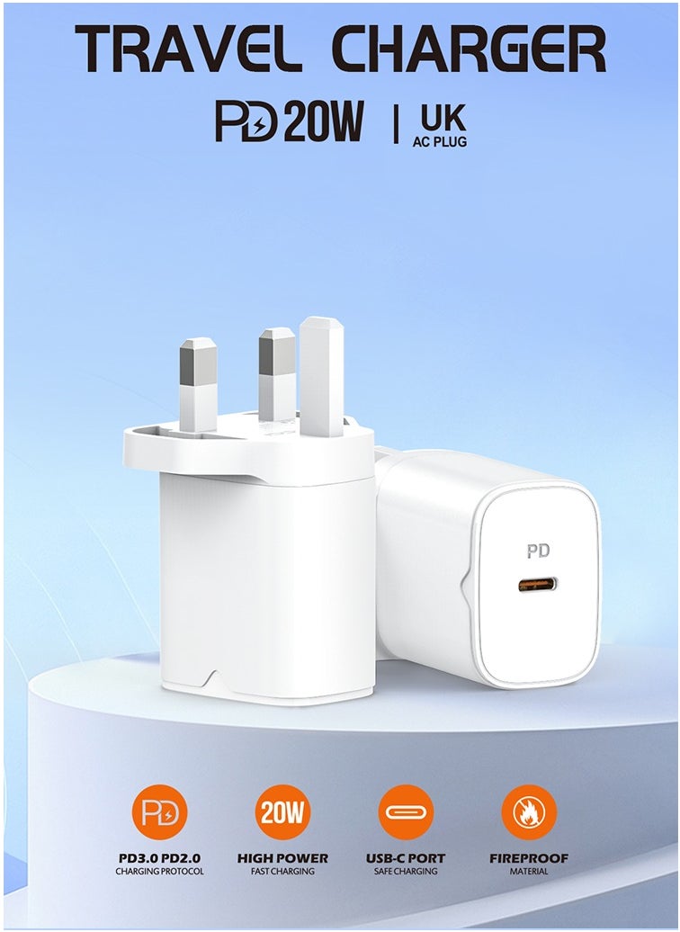 Recci - 20W USB C Fast Charger UK Plug Single-Port PD3.0 Adapter, Type C Travel Adapter with Fireproof ABS & Smart Protections, Ultra Portable for iPhone 15/15 Pro Max/15 Pro/15 Plus/14/13/12, Samsung, iPad, White - Image 1