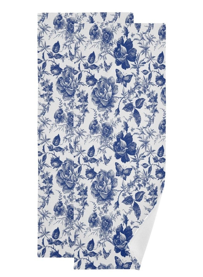 COVASA Blue and White Rose Hand Towels for Bathroom Set of 2,Vintage Chinoiserie Roses Floral Butterfly Kitchen Towels,Microfiber Absorbent Decorative Bathroom Towels for Face,Shower,Gym 14"x28" - Image 1
