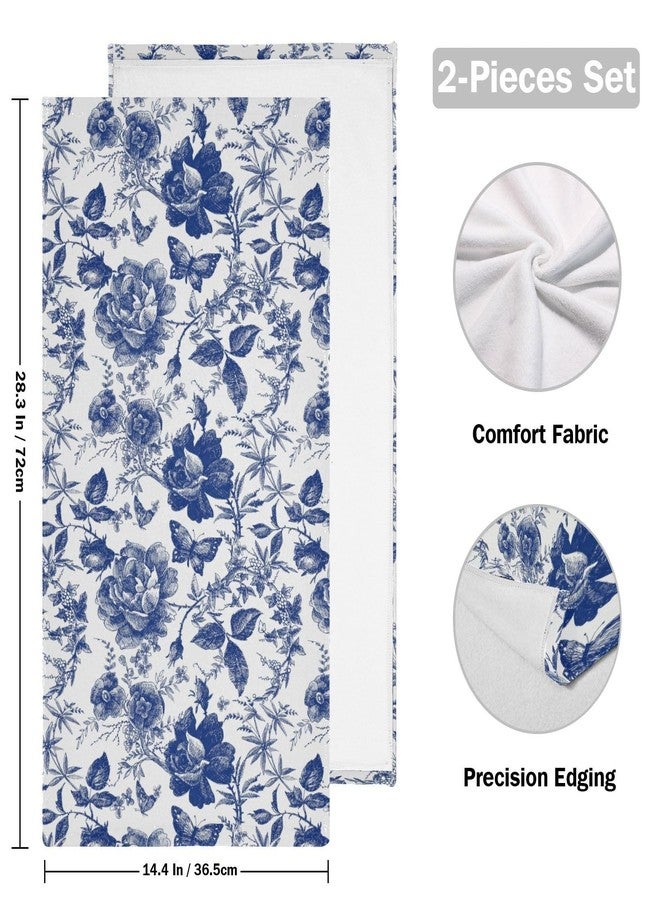 COVASA Blue and White Rose Hand Towels for Bathroom Set of 2,Vintage Chinoiserie Roses Floral Butterfly Kitchen Towels,Microfiber Absorbent Decorative Bathroom Towels for Face,Shower,Gym 14"x28" - Image 2