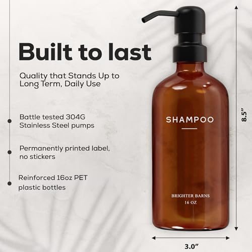 Brighter Barns Amber Shampoo and Conditioner Dispenser Set by Brighter Barns - Body Wash and Shampoo Bottles with Pump - Refillable Plastic Shower Dispenser for Modern Bathroom Decor in Vacation Rental, Spa (Amber) - Image 3