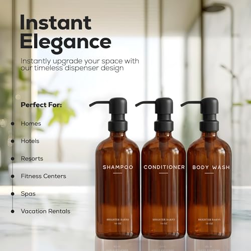 Brighter Barns Amber Shampoo and Conditioner Dispenser Set by Brighter Barns - Body Wash and Shampoo Bottles with Pump - Refillable Plastic Shower Dispenser for Modern Bathroom Decor in Vacation Rental, Spa (Amber) - Image 2