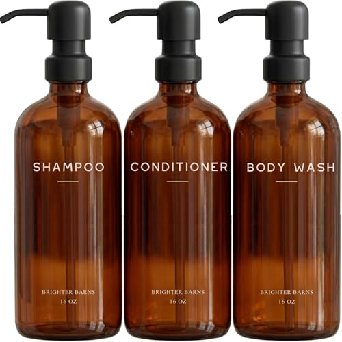 Brighter Barns Amber Shampoo and Conditioner Dispenser Set by Brighter Barns - Body Wash and Shampoo Bottles with Pump - Refillable Plastic Shower Dispenser for Modern Bathroom Decor in Vacation Rental, Spa (Amber) - Image 1