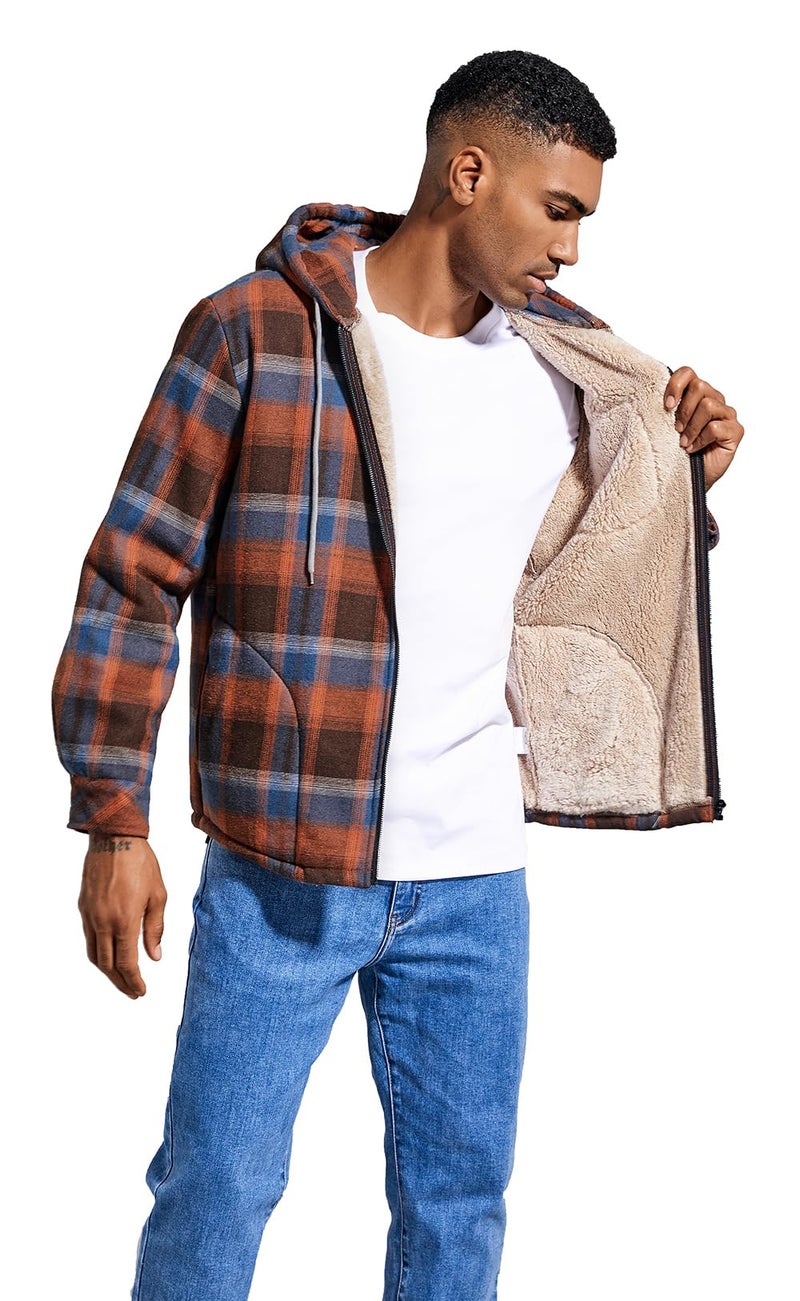 Elesuit Men's Full-Zip Fleece Hoodie All-Cotton Soft Sherpa Lined Flannel Shirts Jacket for men Orange Small - Image 4