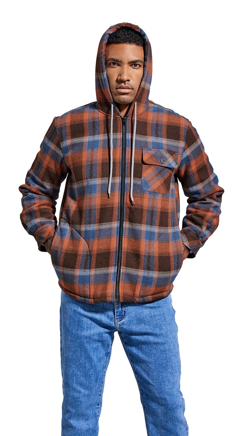 Elesuit Men's Full-Zip Fleece Hoodie All-Cotton Soft Sherpa Lined Flannel Shirts Jacket for men Orange Small - Image 3