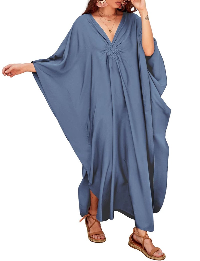 Bsubseach Women Casual Kaftan Dress Batwing Sleeve Plus Size Swimsuit Cover Up Maxi Caftan Dresses Denim Color - Image 1