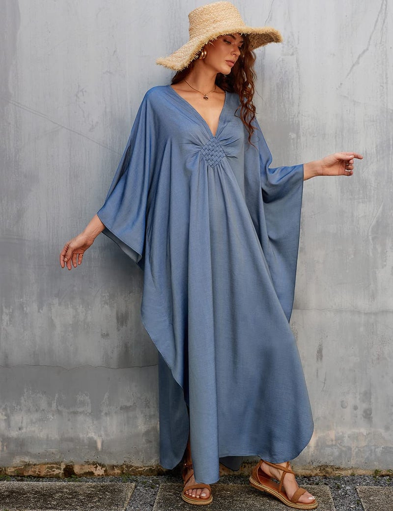 Bsubseach Women Casual Kaftan Dress Batwing Sleeve Plus Size Swimsuit Cover Up Maxi Caftan Dresses Denim Color - Image 4