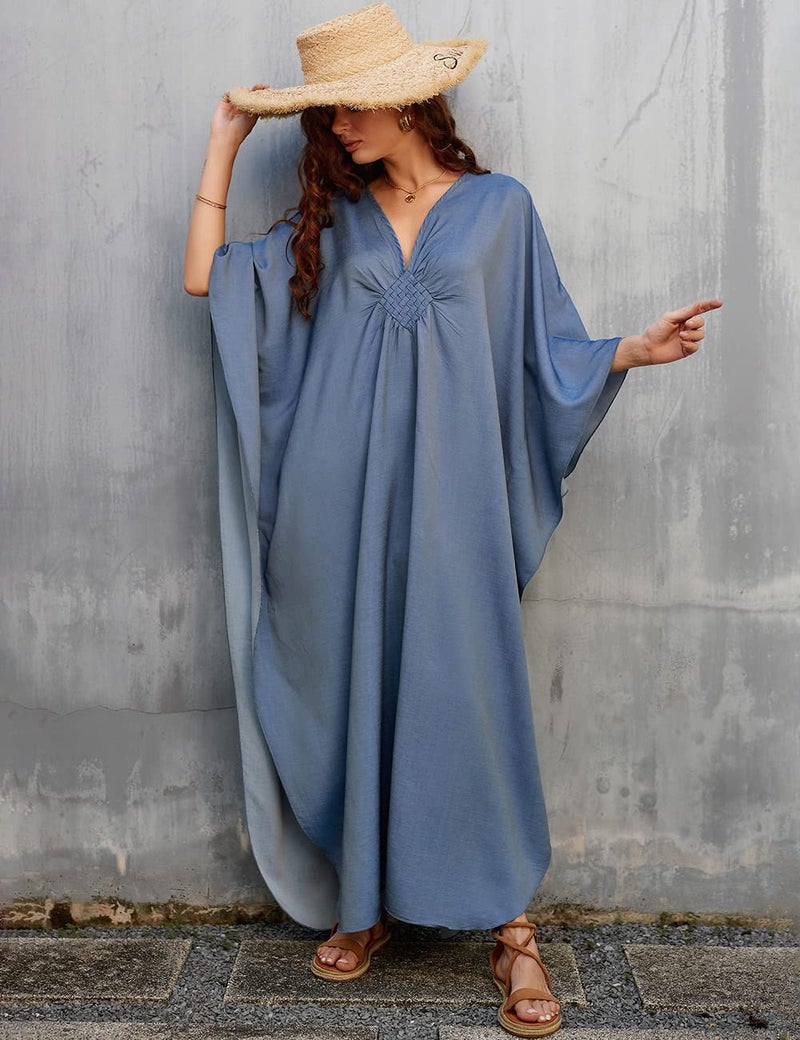Bsubseach Women Casual Kaftan Dress Batwing Sleeve Plus Size Swimsuit Cover Up Maxi Caftan Dresses Denim Color - Image 2