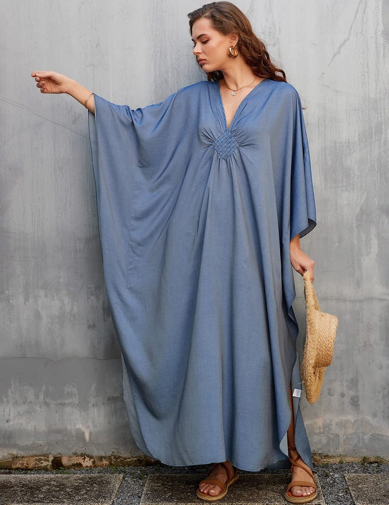 Bsubseach Women Casual Kaftan Dress Batwing Sleeve Plus Size Swimsuit Cover Up Maxi Caftan Dresses Denim Color - Image 5