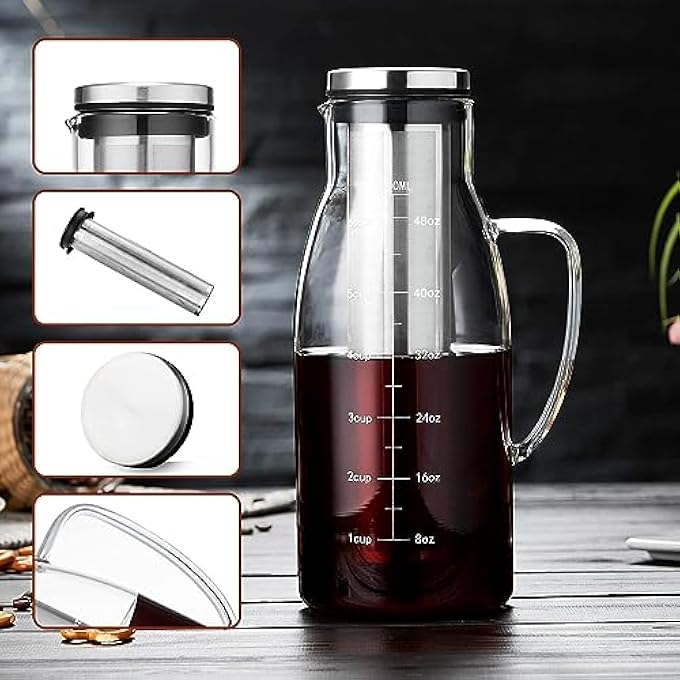Azonee Cold Brew Coffee Maker With Airtight Lid  Removable Stainless Steel Filter  Glass Pitcher For Iced Coffee  Tea  Pour Over Coffee Carafe 1500Ml51Oz - Image 3