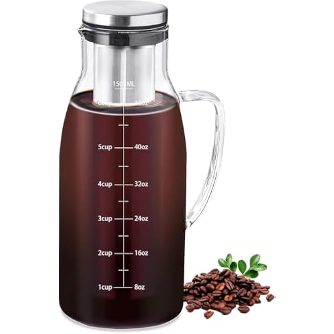 Azonee Cold Brew Coffee Maker With Airtight Lid  Removable Stainless Steel Filter  Glass Pitcher For Iced Coffee  Tea  Pour Over Coffee Carafe 1500Ml51Oz - Image 1