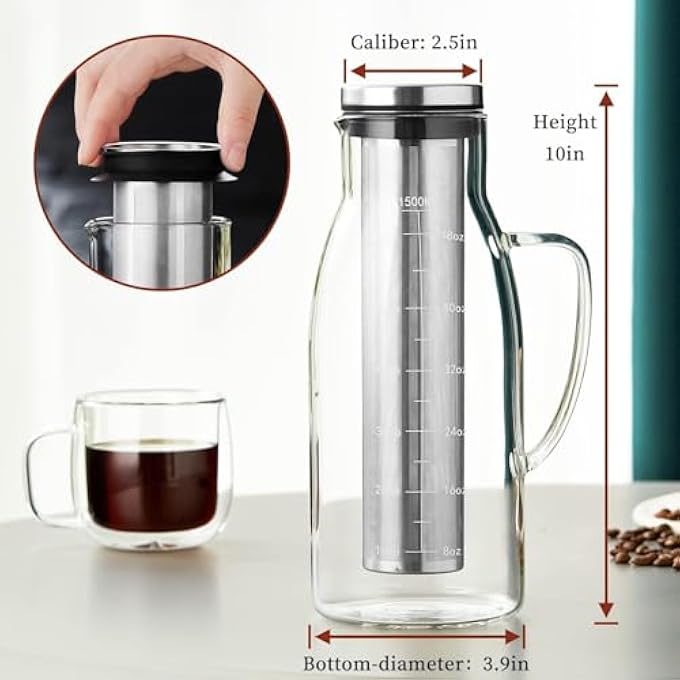 Azonee Cold Brew Coffee Maker With Airtight Lid  Removable Stainless Steel Filter  Glass Pitcher For Iced Coffee  Tea  Pour Over Coffee Carafe 1500Ml51Oz - Image 2