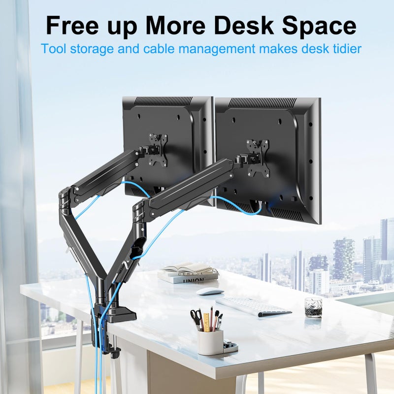 ErgoFocus Dual Monitor Mount for Screens up to 43", Heavy Duty Ultrawide Dual Monitor Arm Holds 2.2-33lbs Each, Premium Gas Spring Adjustable Computer Monitor Stand for 2 Monitors, VESA Desk Mount - Image 5