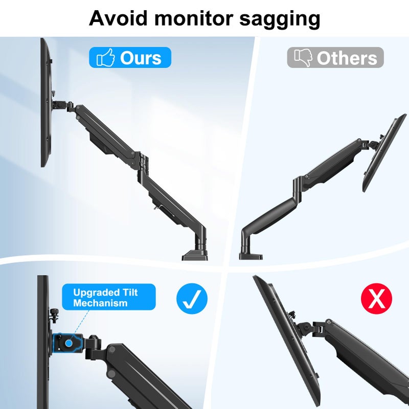ErgoFocus Dual Monitor Mount for Screens up to 43", Heavy Duty Ultrawide Dual Monitor Arm Holds 2.2-33lbs Each, Premium Gas Spring Adjustable Computer Monitor Stand for 2 Monitors, VESA Desk Mount - Image 3