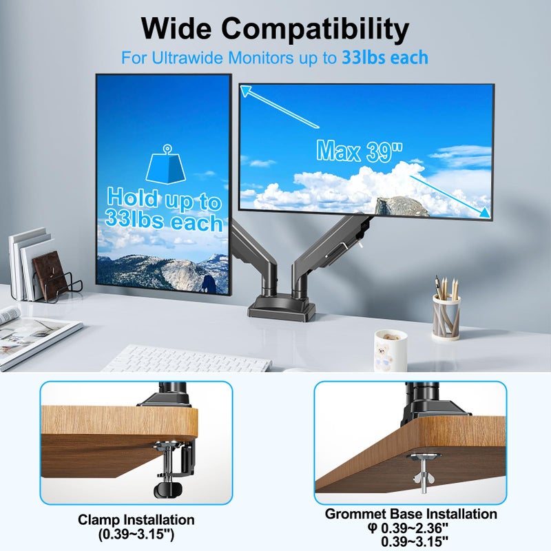 ErgoFocus Dual Monitor Mount for Screens up to 43", Heavy Duty Ultrawide Dual Monitor Arm Holds 2.2-33lbs Each, Premium Gas Spring Adjustable Computer Monitor Stand for 2 Monitors, VESA Desk Mount - Image 2