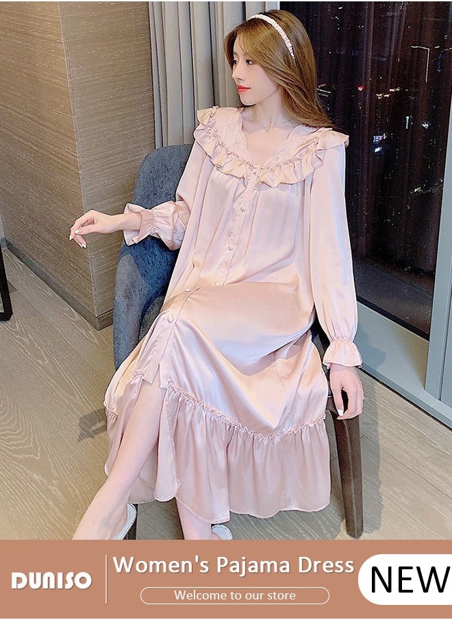 DUNISO - Women's Long Sleeve Nightgown, Soft Comfortable Cotton Sleepwear Dress, Breathable V Neck Ice Silk Home Wear, Lounge Dress for Can Be Worn Outside - Image 1