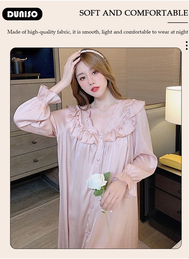 DUNISO - Women's Long Sleeve Nightgown, Soft Comfortable Cotton Sleepwear Dress, Breathable V Neck Ice Silk Home Wear, Lounge Dress for Can Be Worn Outside - Image 1