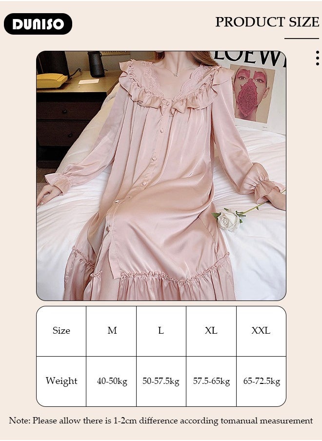 DUNISO - Women's Long Sleeve Nightgown, Soft Comfortable Cotton Sleepwear Dress, Breathable V Neck Ice Silk Home Wear, Lounge Dress for Can Be Worn Outside - Image 1