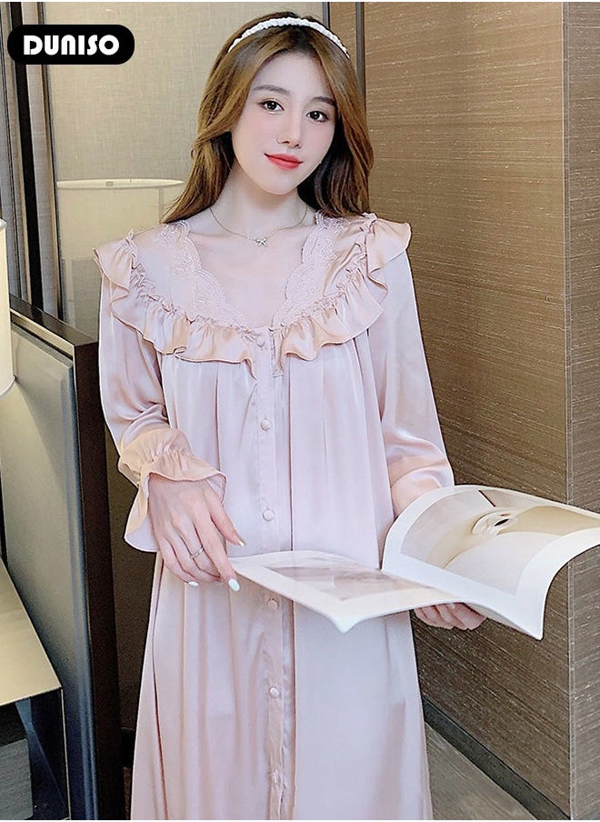 DUNISO - Women's Long Sleeve Nightgown, Soft Comfortable Cotton Sleepwear Dress, Breathable V Neck Ice Silk Home Wear, Lounge Dress for Can Be Worn Outside - Image 1