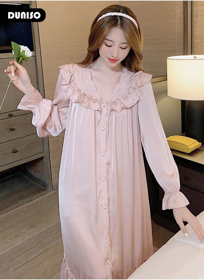 DUNISO - Women's Long Sleeve Nightgown, Soft Comfortable Cotton Sleepwear Dress, Breathable V Neck Ice Silk Home Wear, Lounge Dress for Can Be Worn Outside - Image 1
